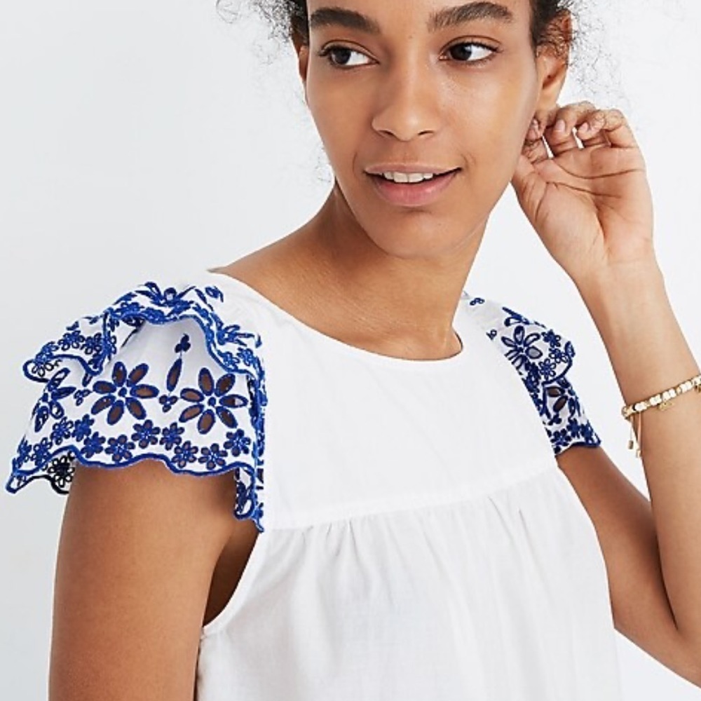 MADEWELL | EUC Story Top White with Blue Floral Embroidery Ruffle Cap Sleeve - Picture 10 of 11